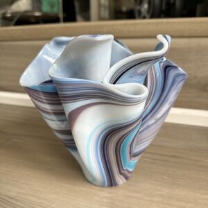 Art Slag‎ Glass Purple Blue Spiral Swirl Handkerchief Vase 7" Tall